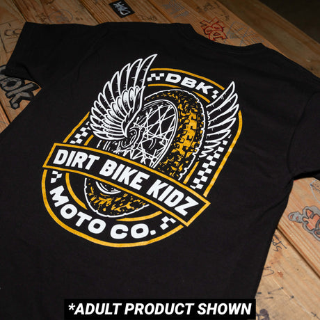 Youth premium black tee with Dirt Bike Kidz Moto Co winged back graphic.