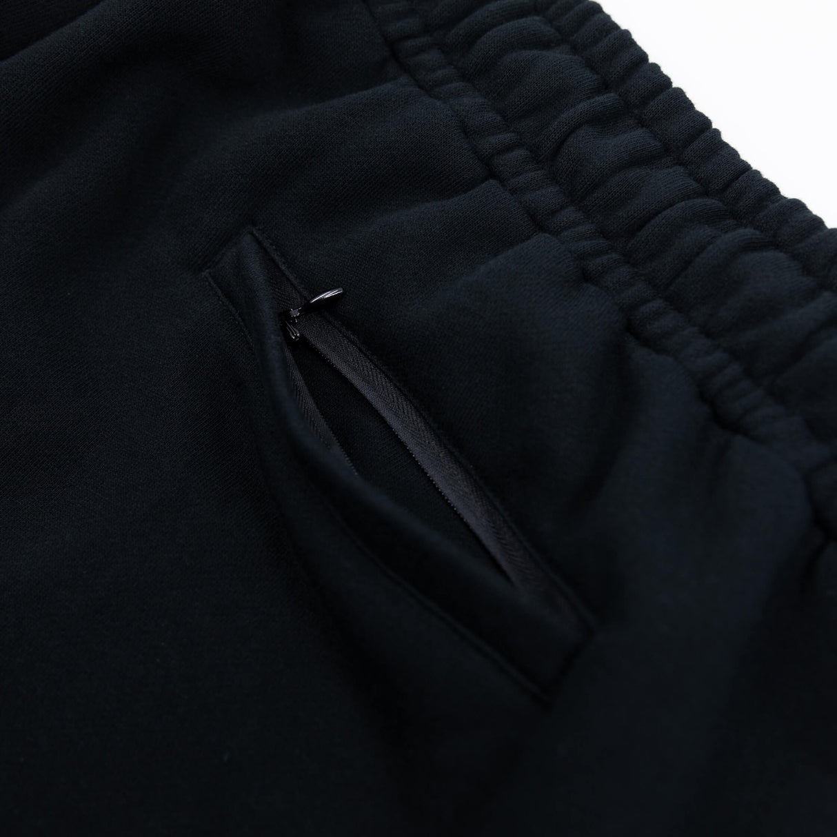 Black sweatpants pocket seam and smooth zipper accent detail near the thigh.
