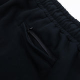 Black sweatpants pocket seam and smooth zipper accent detail near the thigh.