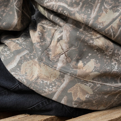 Camouflage hoodie kangaroo pocket and seam detail