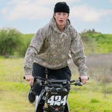 Camouflage hoodie with hood and white drawstrings, dbk logo on chest