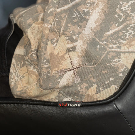 Camouflage hoodie fabric and stitched detail near pocket seam