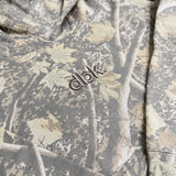 Youth camouflage hoodie chest logo, dbk stitched on the fabric.