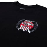 Youth premium black tee close-up of chest Take It Grave DBK graphic