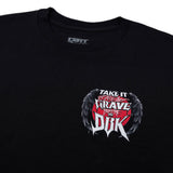 Black graphic T-shirt with small front chest print of skull, wings, and red text