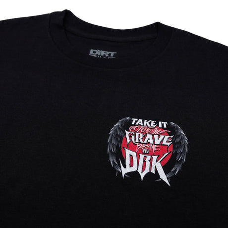 Black graphic T-shirt with small front chest print of skull, wings, and red text