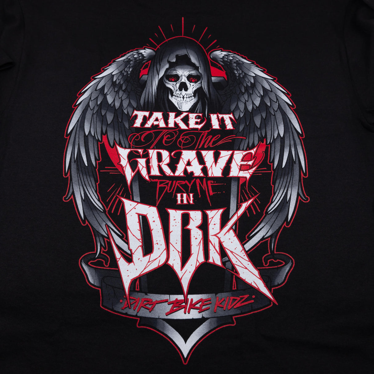 Youth premium black tee close-up of skull, wings, and Take It Grave DBK back graphic