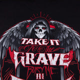 Black graphic T-shirt close-up of large back skull-and-wings emblem with red accents