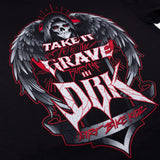 Youth premium black tee close-up of winged skull Take It Grave DBK back artwork
