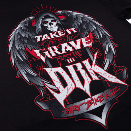 Youth premium black tee close-up of winged skull Take It Grave DBK back artwork