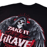 Black graphic T-shirt close-up of top back emblem with skull and wings over red accents