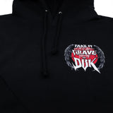 Black hoodie front chest emblem with winged skull and red-and-white lettering