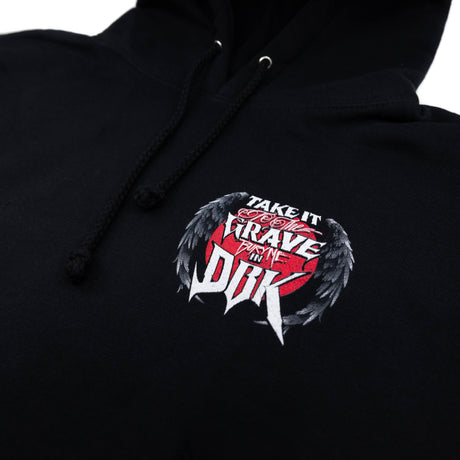 Black hoodie chest graphic with winged skull and red accents