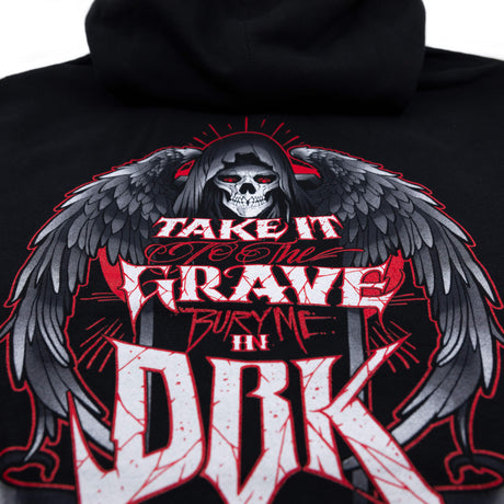 Black youth hoodie close-up of skull emblem with gray wings and red Take it DRK text.