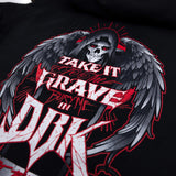 Black youth hoodie close-up of skull-wing design with red outlines and DRK lettering.