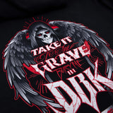 Black hoodie back graphic close-up with winged skull and large white lettering