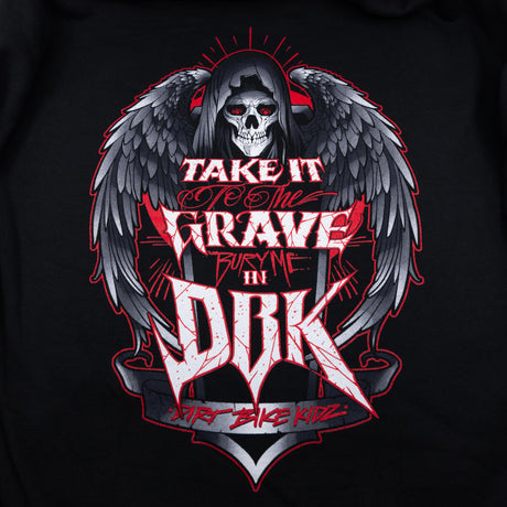 Black hoodie with large back graphic of winged skull and red-and-white text