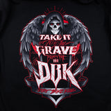 Black youth hoodie graphic of a skull with gray wings and red-and-white lettering.