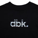 Black crewneck T-shirt neckline with large metallic silver dbk logo lettering.