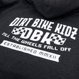 Kids dark hoodie close-up of large back graphic print with checkered logo