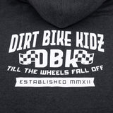 Kids dark hoodie close-up of centered back graphic print on the hooded back