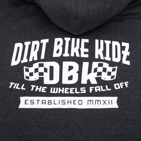 Kids dark hoodie close-up of centered back graphic print on the hooded back