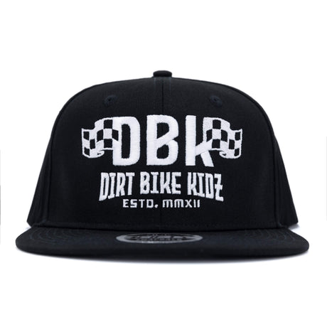Black snapback cap showing white DBK logo and 'DIRT BIKE KIDEZ' text