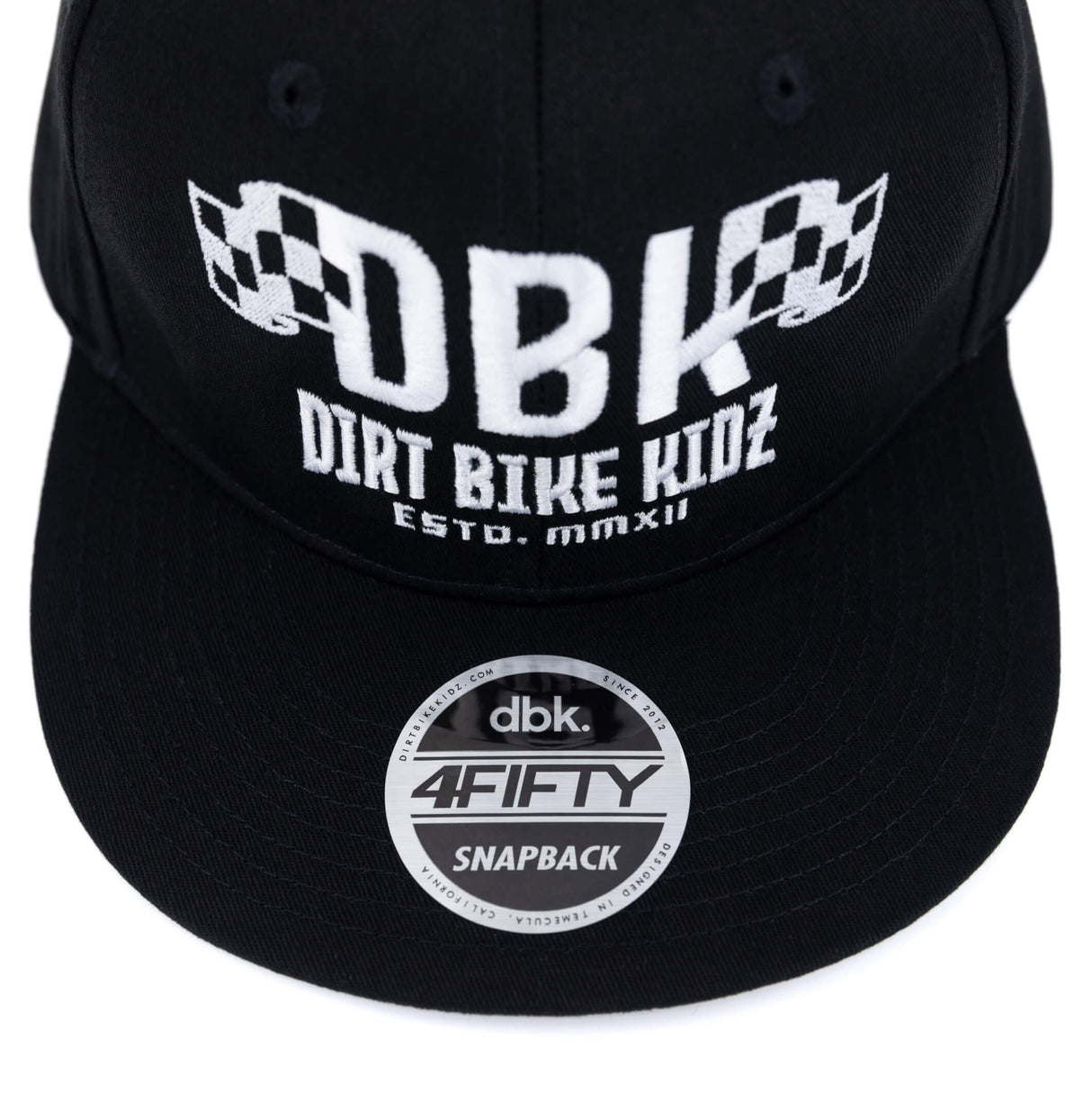 Black snapback cap with circular dbk 4FIFTY SNAPBACK patch on the back