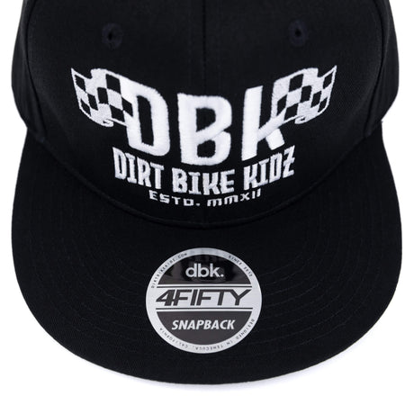 Black snapback cap with circular dbk 4FIFTY SNAPBACK patch on the back