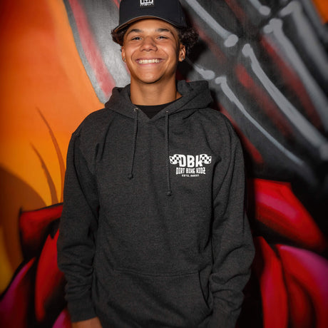 Kids dark pullover hoodie with hood and front pocket, small chest logo graphic