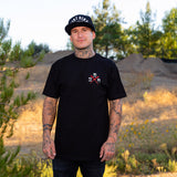 Black T-shirt with small chest graphic