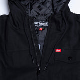 Deluxe jacket hood lining and full-length front zipper detail with inner label