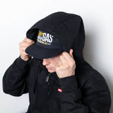 Deluxe jacket, dark hooded zip-up with chest logo and drawstring hood