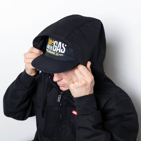 Deluxe jacket, dark hooded zip-up with chest logo and drawstring hood