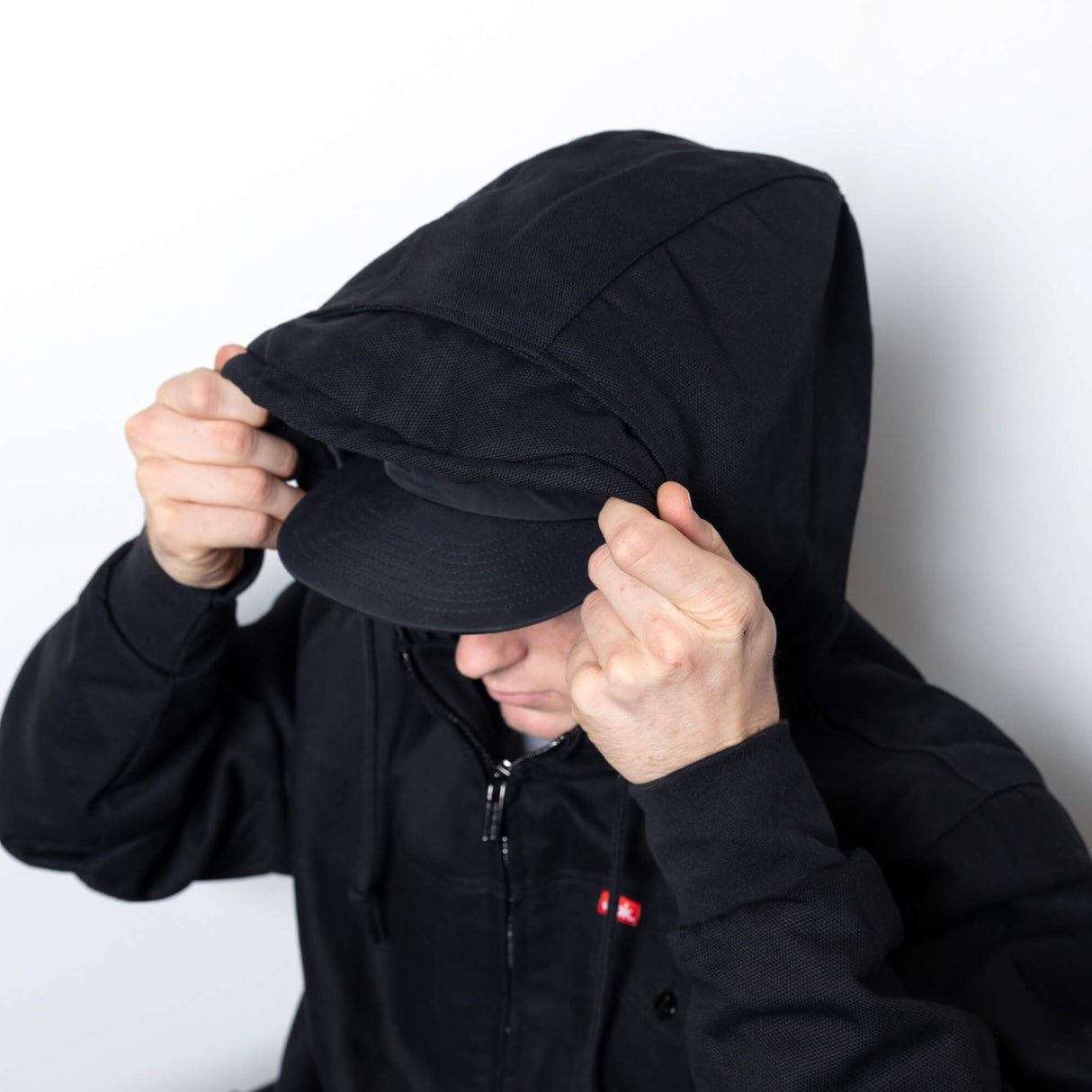 Deluxe jacket hooded zip-up with chest logo, drawstring cords, and front zipper