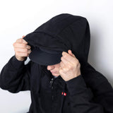 Deluxe jacket hooded zip-up with chest logo, drawstring cords, and front zipper