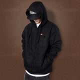 Deluxe jacket, dark hooded zip-up with chest pocket and hood drawstring cords