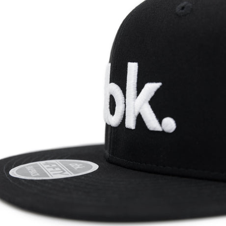 Black snapback cap with partial white 'dbk.' logo and gray brim label
