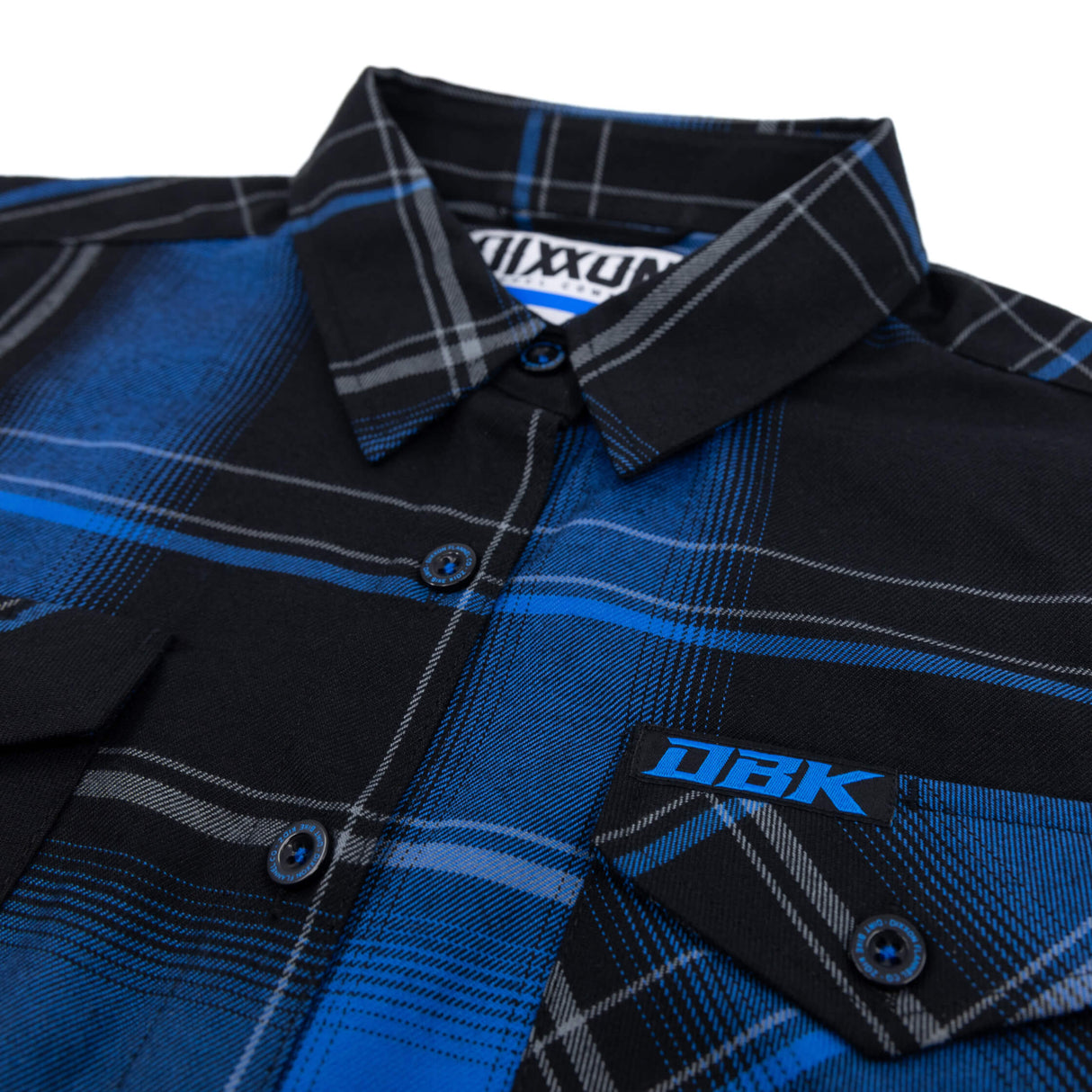 Blue-and-black plaid flannel shirt with point collar and button placket