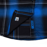 Blue-and-black plaid flannel shirt inner panel with DBK logo patch