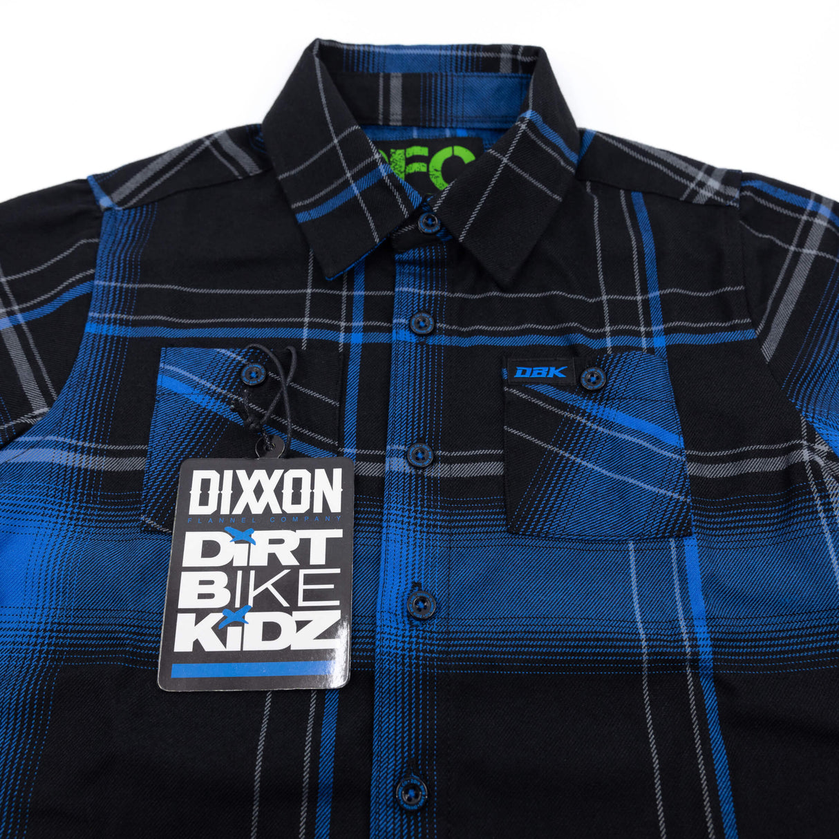 Youth flannel shirt front with DIKON DORT BIKE KIDZ patch and blue-and-black plaid