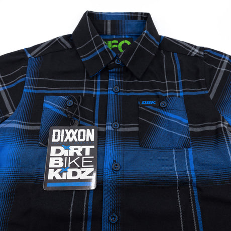 Youth flannel shirt front with DIKON DORT BIKE KIDZ patch and blue-and-black plaid