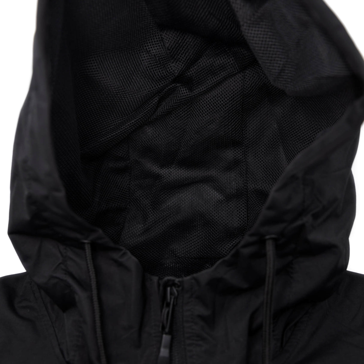 Black windbreaker hood lining and drawstring cords, mesh interior