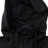 Black windbreaker hood lining and drawstring cords, mesh interior