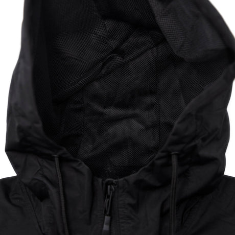 Black windbreaker hood lining and drawstring cords, mesh interior