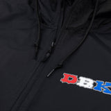 Black windbreaker with front zipper, drawstrings, and small colorful chest graphic