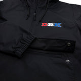 Black windbreaker chest logo patch with drawstring hood and half-zip