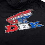 DBK logo graphic on black windbreaker back in red, white, and blue