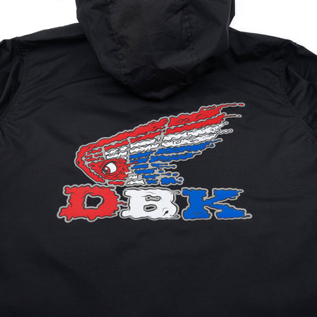 Black windbreaker hooded back with colorful fish and letters graphic