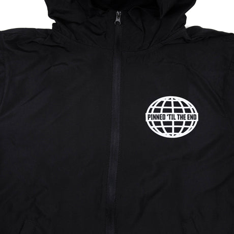 Black youth windbreaker hooded jacket with center front zipper and white globe emblem